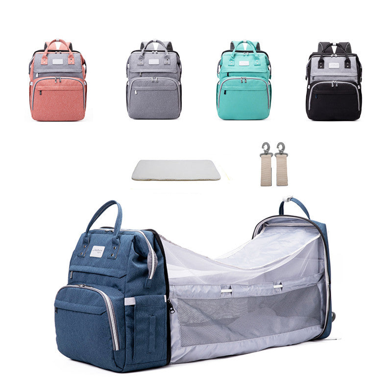 Diaper Backpack With Removable Mosquito Net, Large Capacity Foldable Infants Baby Crib, and Waterproof Changing Pag